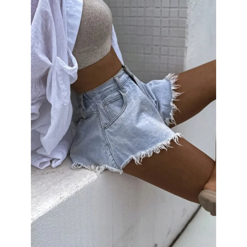 2026 New Umbrella Denim Shorts Women High Waist Blue Tassel Jean Booty Shorts