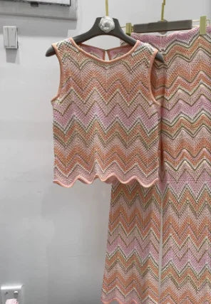 High-version Color-blocked Wave Pattern Thin Sexy Niche Striped Casual Pants + Tank Top Silk-like Two-piece Set