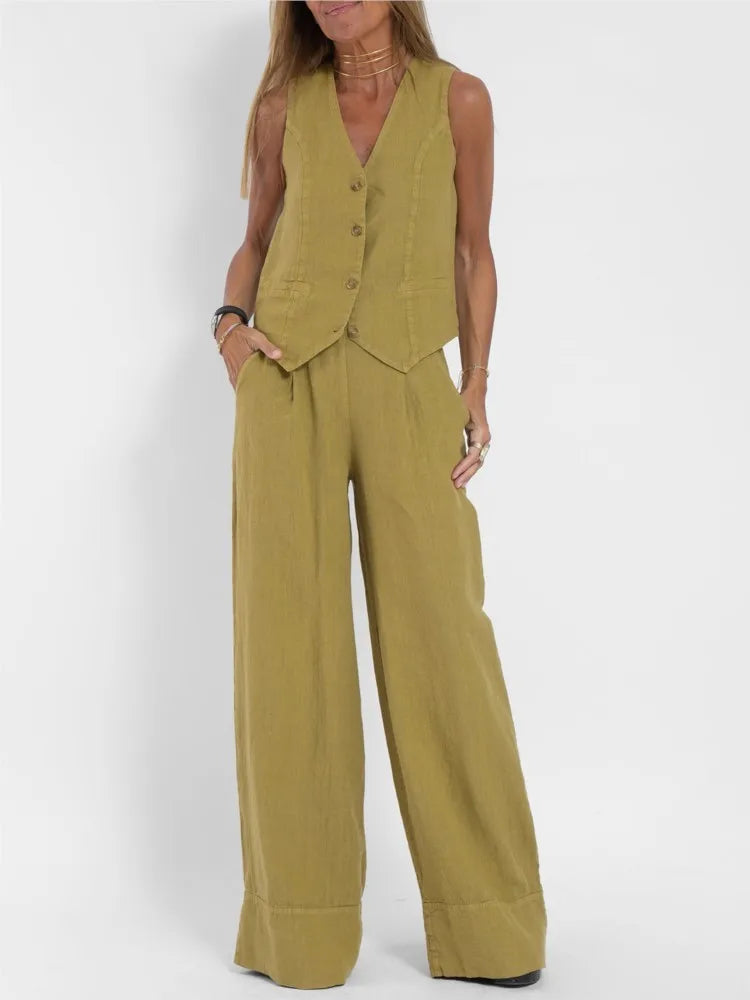 Women Fashion Solid V-neck Sleeveless Two Piece Sets New Spring Summer Button Vest Top & Wide Leg Pants Office Casual Outfits