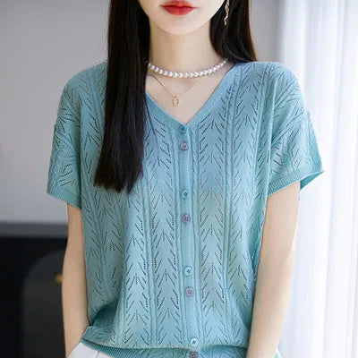 Summer new Lyocell cardigan short sleeved casual solid color V-neck T-shirt loose and fashionable knitted breathable women's top