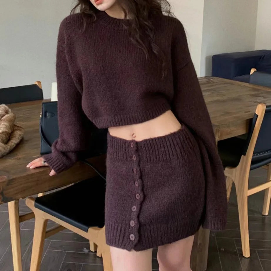2025 New Autumn Winter Two Piece Sets Fashion Women Solid Warm Long Sleeve Sweaters Shorts Skirt Suit Casual Loose Streetwear