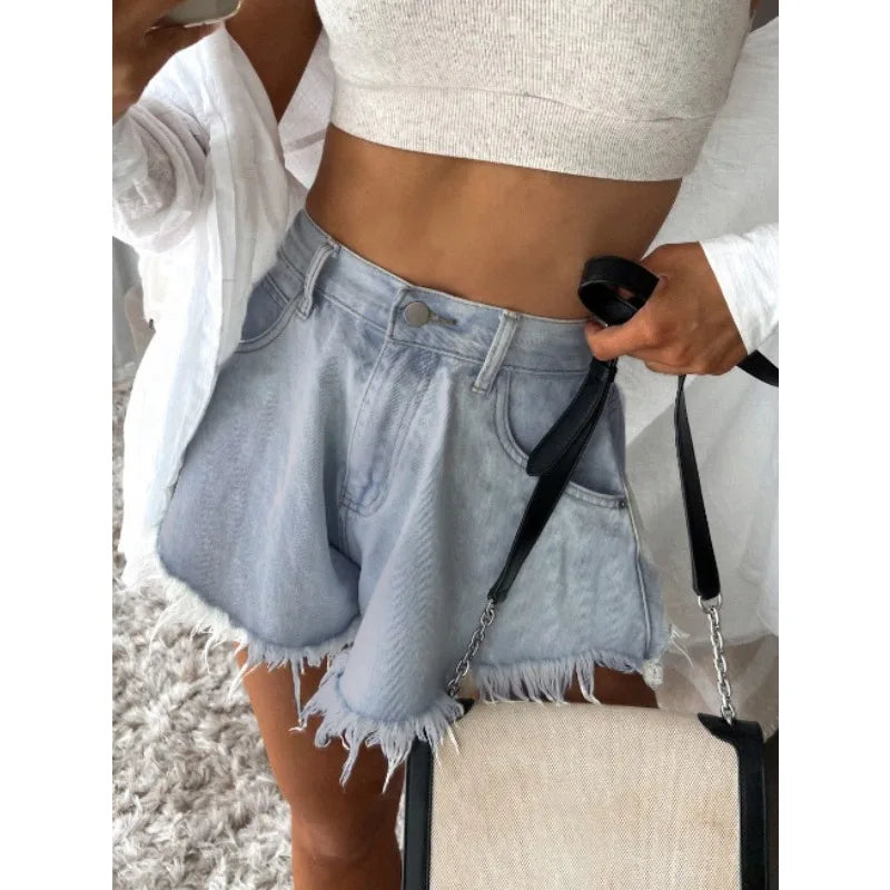 2026 New Umbrella Denim Shorts Women High Waist Blue Tassel Jean Booty Shorts