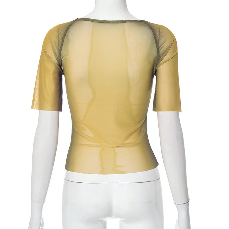 Y2K Letter Print Top See Through Graphic T Shirts For Women Clothing Short Sleeve Aesthetic Ropa De Mujer Skinny Sexy Streetwear