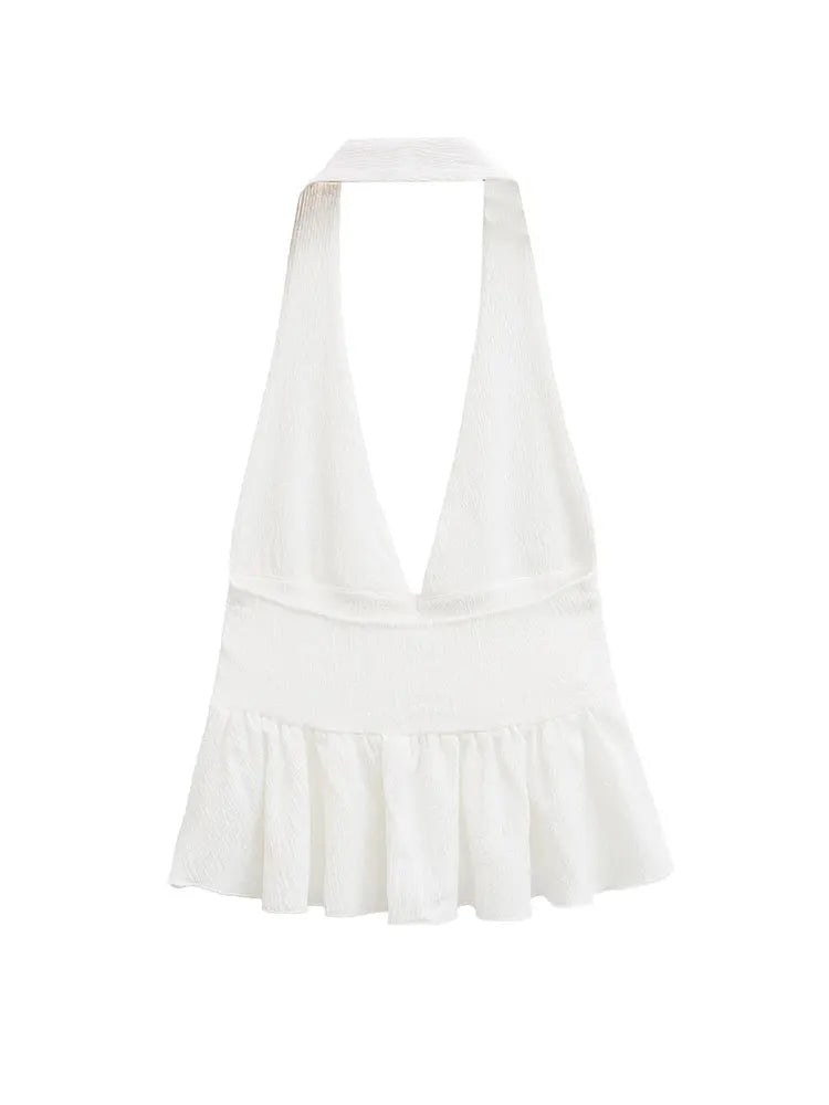 HH Women Vintage Solid Halter Vest Hem Ruffled Lady Sexy Backless Sleeveless V Neck Tops Summer Thin Casual Holiday Chic Top
