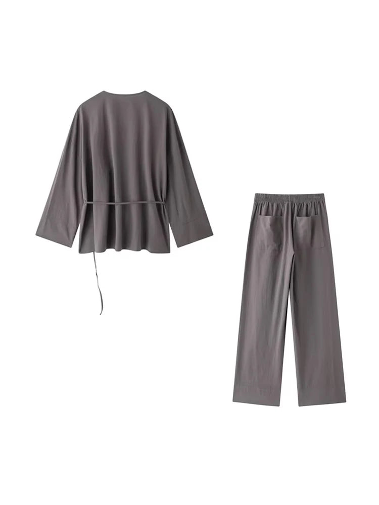 Women Fashion With Tied Loose Kimono Blouses And High Elastic Waist Side Pockets Pants Female Two Piece Sets Mujer