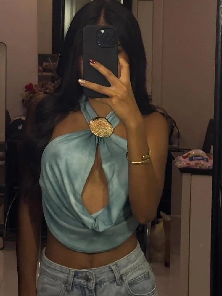 Sisterlinda Swing Neck Halter Women Tank Hipster Silky Sequined Bows Backless Bare Midriff Tops Female Sweet Summer Holiday Vest