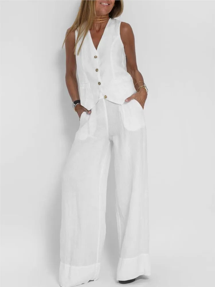 Women Fashion Solid V-neck Sleeveless Two Piece Sets New Spring Summer Button Vest Top & Wide Leg Pants Office Casual Outfits