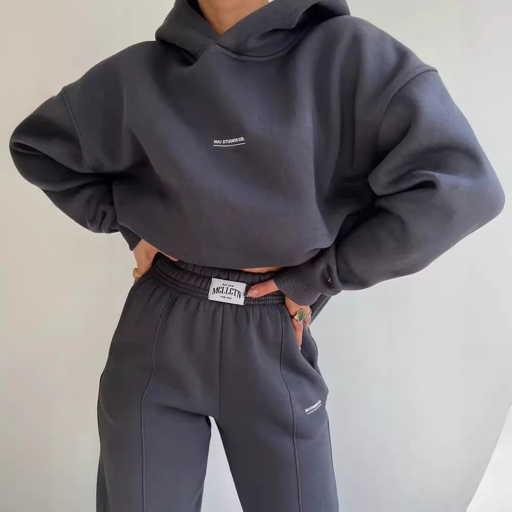 Hot Selling European and American Autumn Winter New Fashion Solid Color Hooded Hoodie Casual Two Piece Set