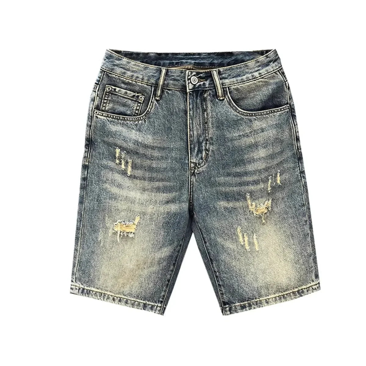 Summer American Casual Vintage Ripped Denim Shorts Men Loose High Street Five-Point Trendy Pants Comfortable Breathable