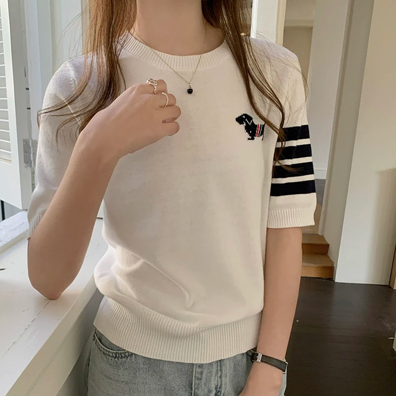 Summer 100% cotton women's T-shirt casual striped knit pullover short sleeved loose round neck Tees embroidered luxury brand Top