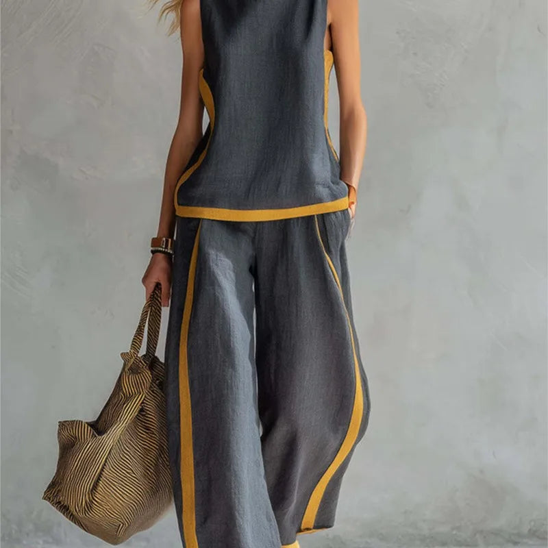 Summer New Women's Tracksuit Suit O-neck Sleeveless Vest Wide-leg Loose Pants Set Female Casual Elegant Ladies Two Piece Sets