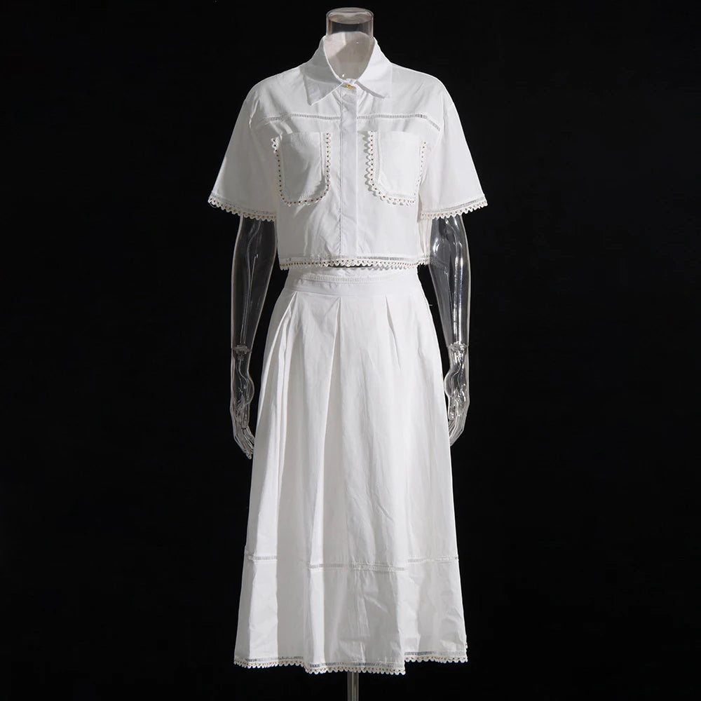 Solid Two Piece Sets For Women Lapel Short Sleeve Patchwork Pockets Tops High Waist Folds A Line Skirts Casual Set Female