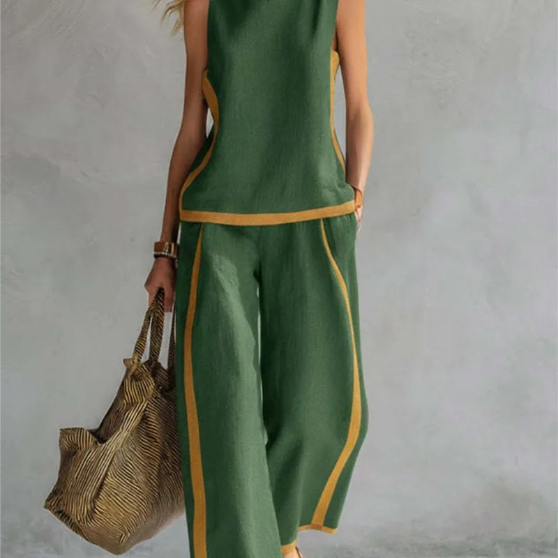 Summer New Women's Tracksuit Suit O-neck Sleeveless Vest Wide-leg Loose Pants Set Female Casual Elegant Ladies Two Piece Sets