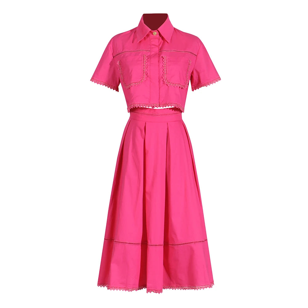 Solid Two Piece Sets For Women Lapel Short Sleeve Patchwork Pockets Tops High Waist Folds A Line Skirts Casual Set Female