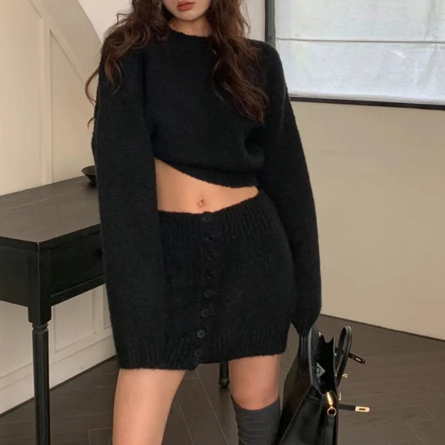 2025 New Autumn Winter Two Piece Sets Fashion Women Solid Warm Long Sleeve Sweaters Shorts Skirt Suit Casual Loose Streetwear