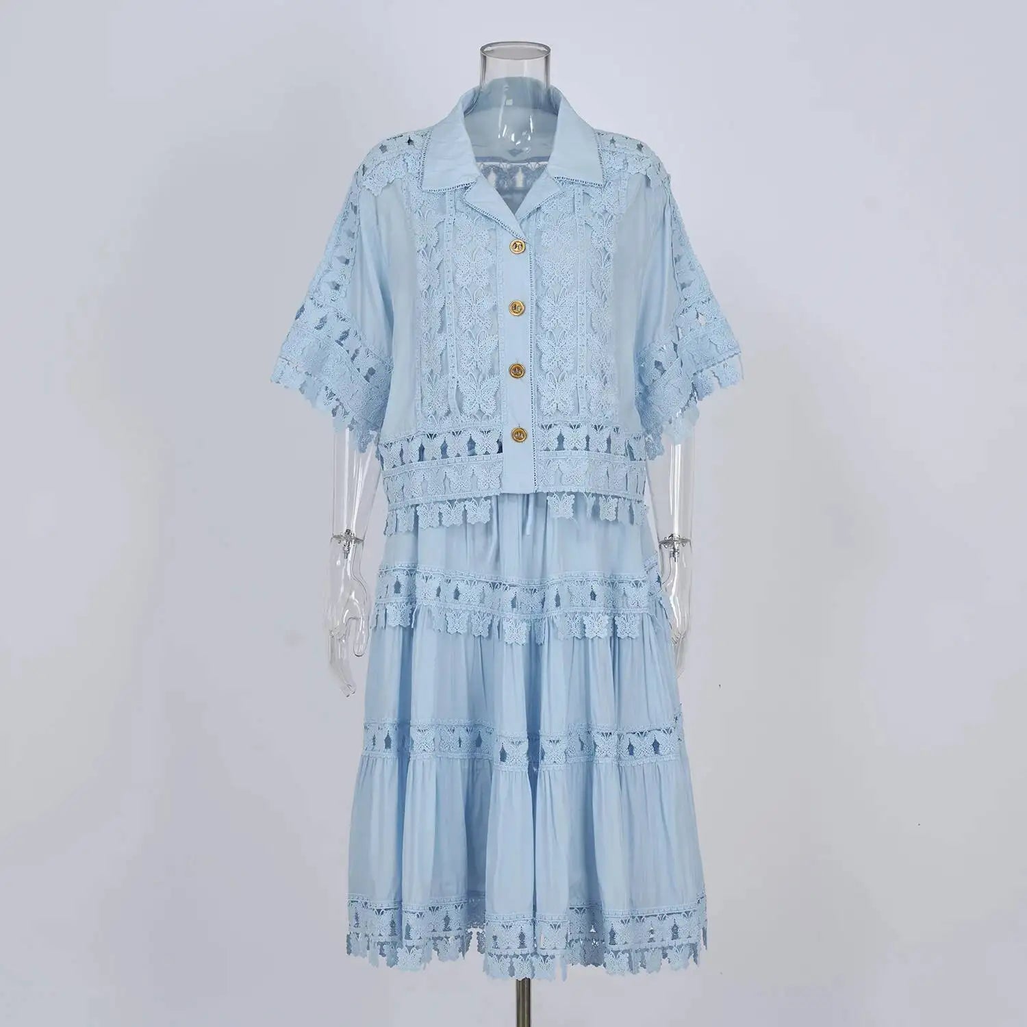 Luxury Hollow Out Dress Two Piece Set Women's 2025 Summer Holiday Embroidered Lace Jackets White Tops Pleated Short Skirts Suits