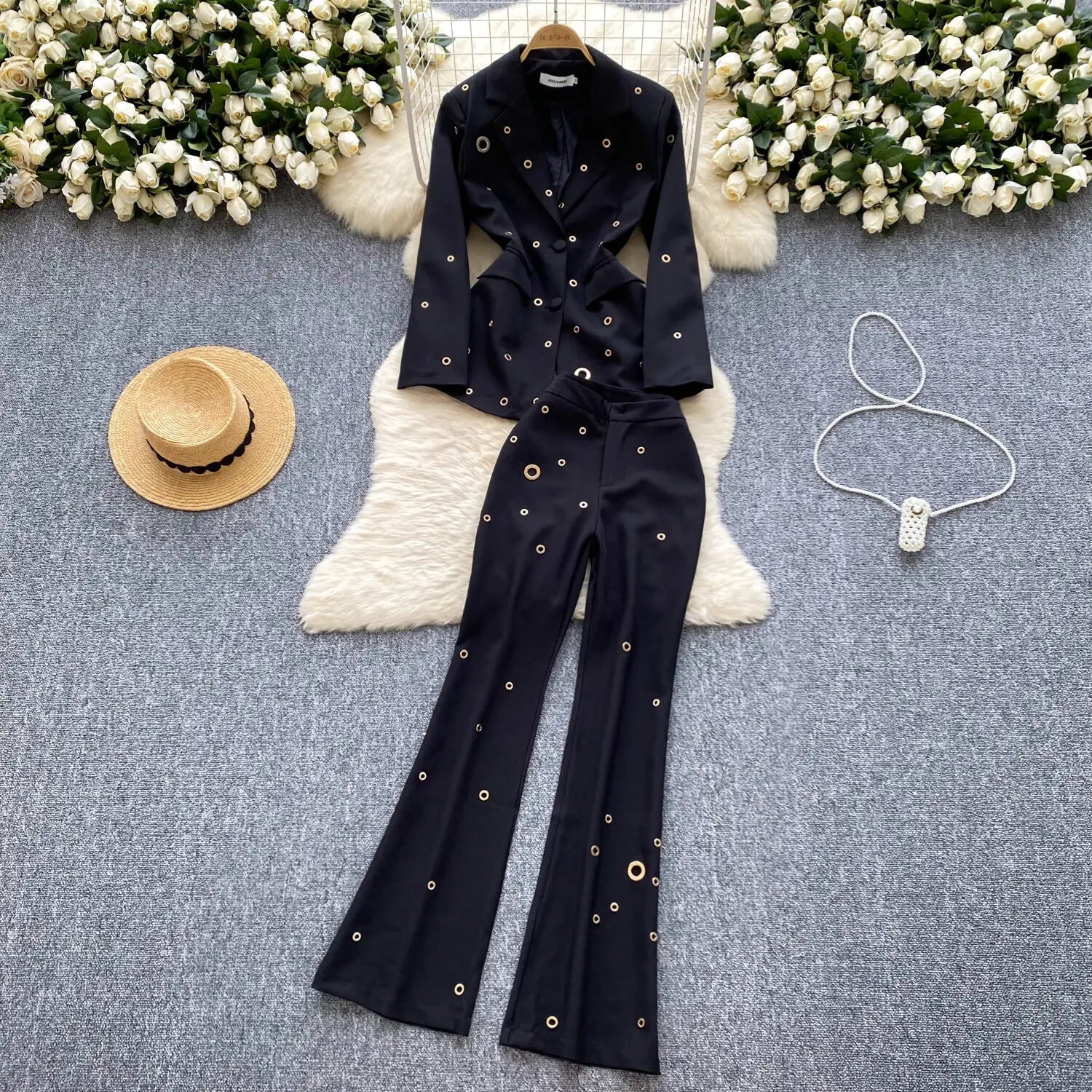 Quality Autumn White Two-piece Set Women Metal Buckle Blazer Suit Coats Skinny Flare Pants Suits 2pcs Outfits