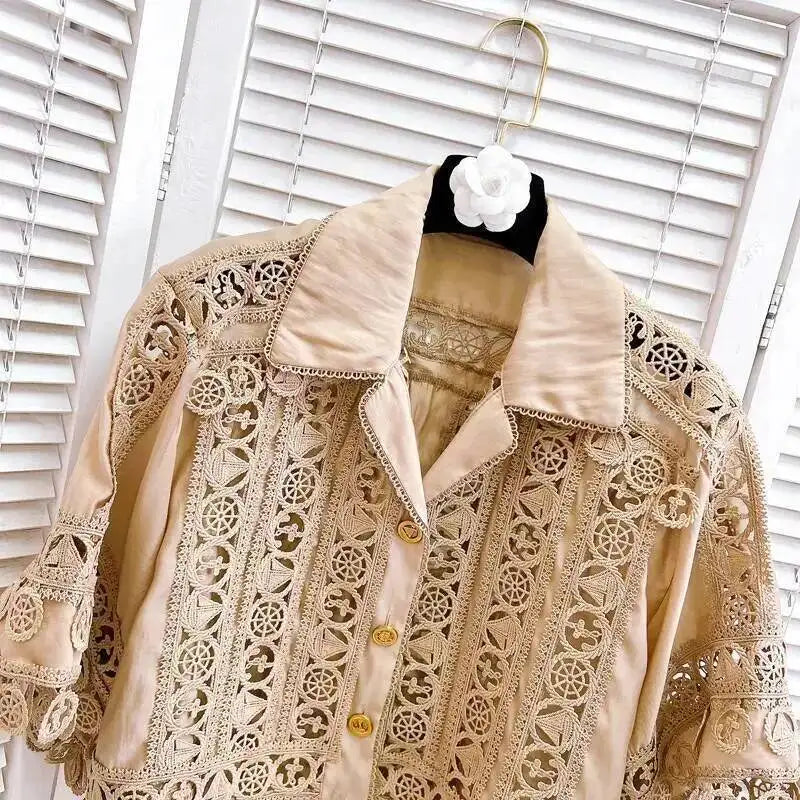 Luxury Hollow Out Dress Two Piece Set Women's 2025 Summer Holiday Embroidered Lace Jackets White Tops Pleated Short Skirts Suits