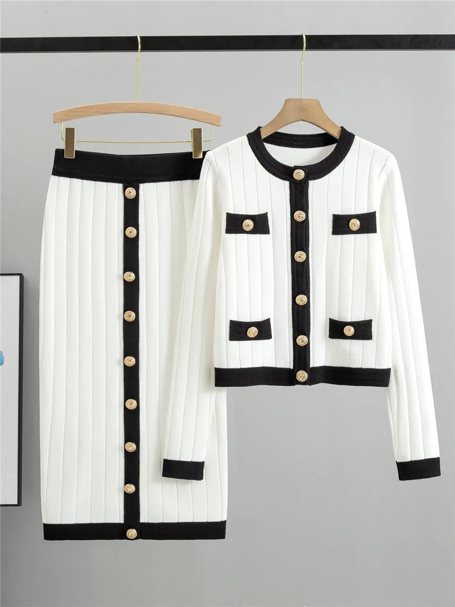 Women Knit Two Pieces Eleght Knitted Cardigan Coat Buttons Solid Colour Long Skirt Casual Suit Knitting Skirts Outfits