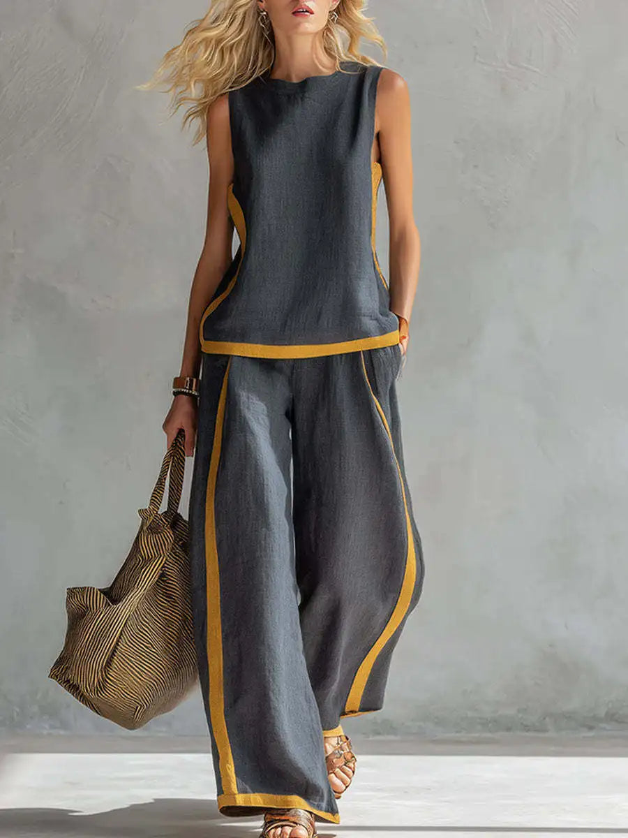 Summer New Women's Tracksuit Suit O-neck Sleeveless Vest Wide-leg Loose Pants Set Female Casual Elegant Ladies Two Piece Sets
