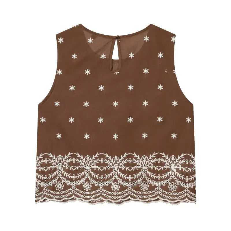 Women's Summer Set Hollow Embroidered Casual Skirt Outfit Sleeveless Top Floral Elastic Waist Two Piece Limited Stock