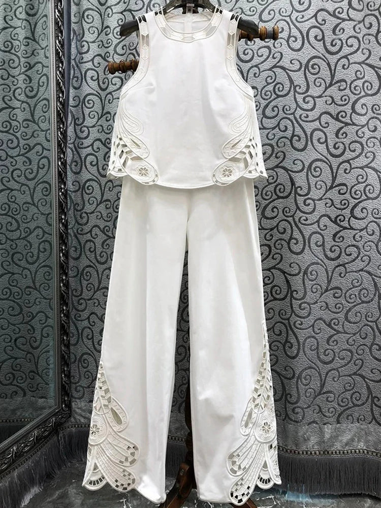 Spring/summer 2025 new embroidered hollow round neck sleeveless top+casual straight trousers fashion two-piece women's suit