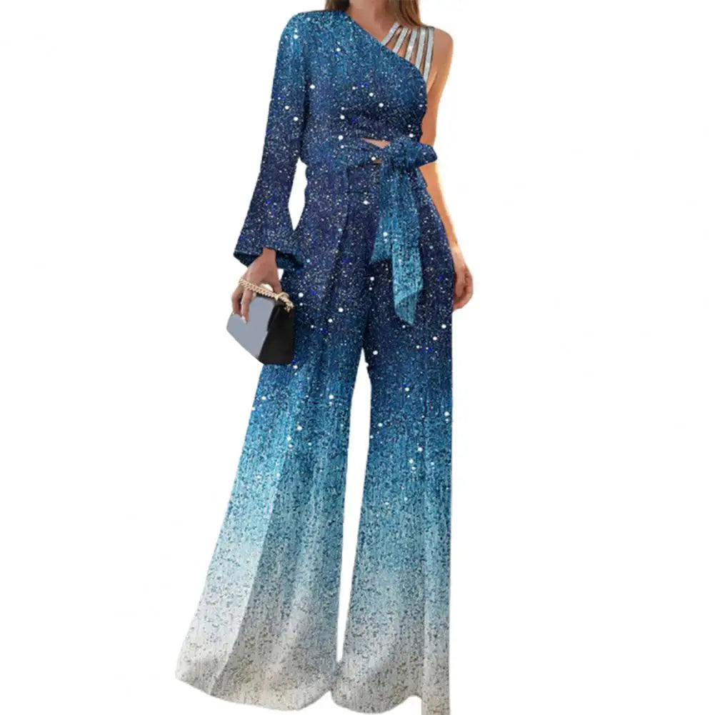 2Pcs Women Off Shoulder Bandage Suits Outfits Bandage Bowknot High Waist Wide Leg Top Patchwork Shiny Pants Set Streetwear