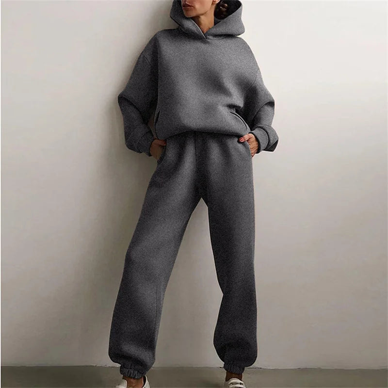 Two-Piece Oversized Tracksuit for Women, Warm Hoodie Sweatshirts, Long Pant Sets, Casual Hoody, Monochromatic, Autumn Fashion
