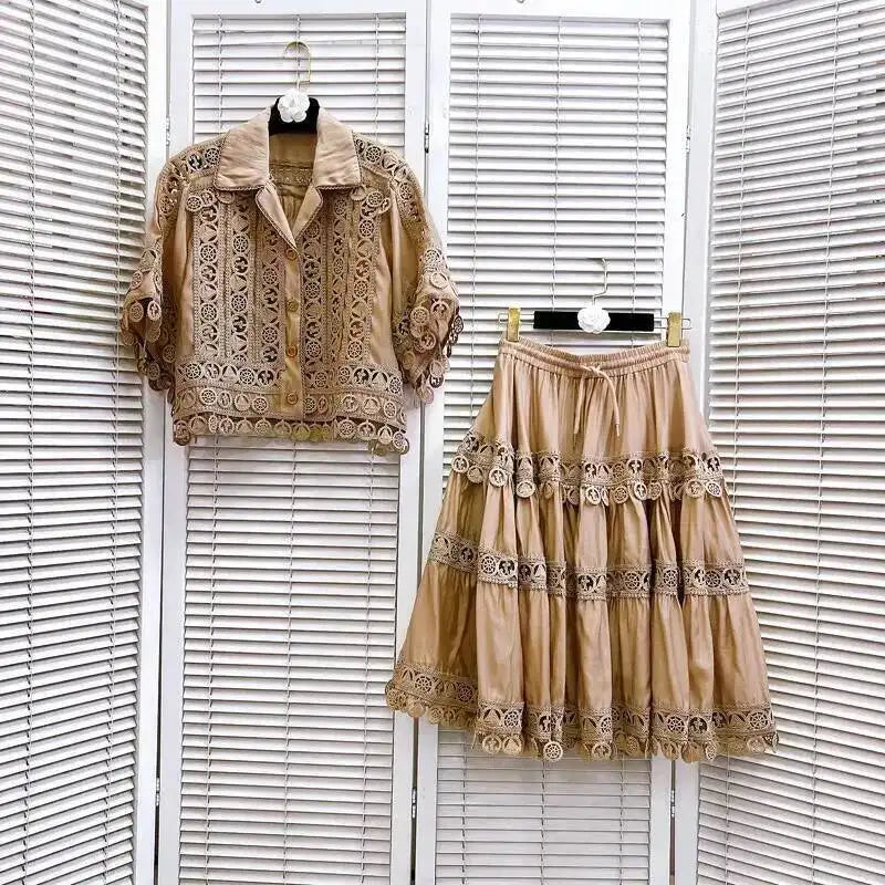 Luxury Hollow Out Dress Two Piece Set Women's 2025 Summer Holiday Embroidered Lace Jackets White Tops Pleated Short Skirts Suits