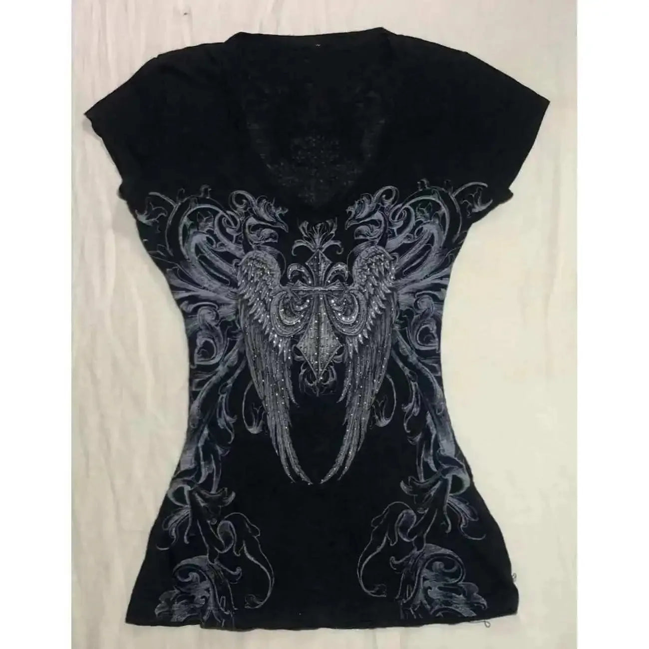 Y2k Clothes Punk Crop Top Aesthetics Hot Girl Grunge 90s Harajuku V-neck Streetwear Short Sleeve Goth Slim T-shirt Cross Graphic