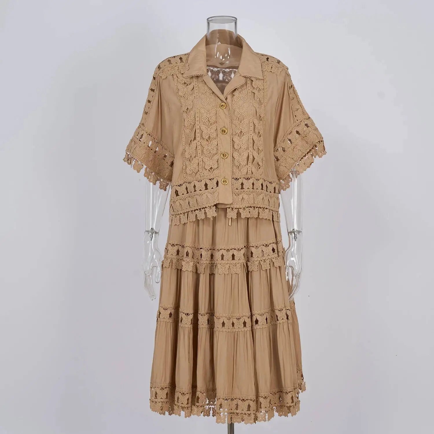 Luxury Hollow Out Dress Two Piece Set Women's 2025 Summer Holiday Embroidered Lace Jackets White Tops Pleated Short Skirts Suits