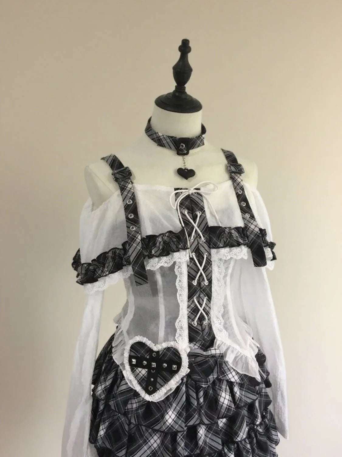 Japanese Punk Sweet Two Piece Sets Women's One-shoulder Lace Blouse + Plaid Cake Skirt New Vintage Fashion Harajuku Y2k Outfits