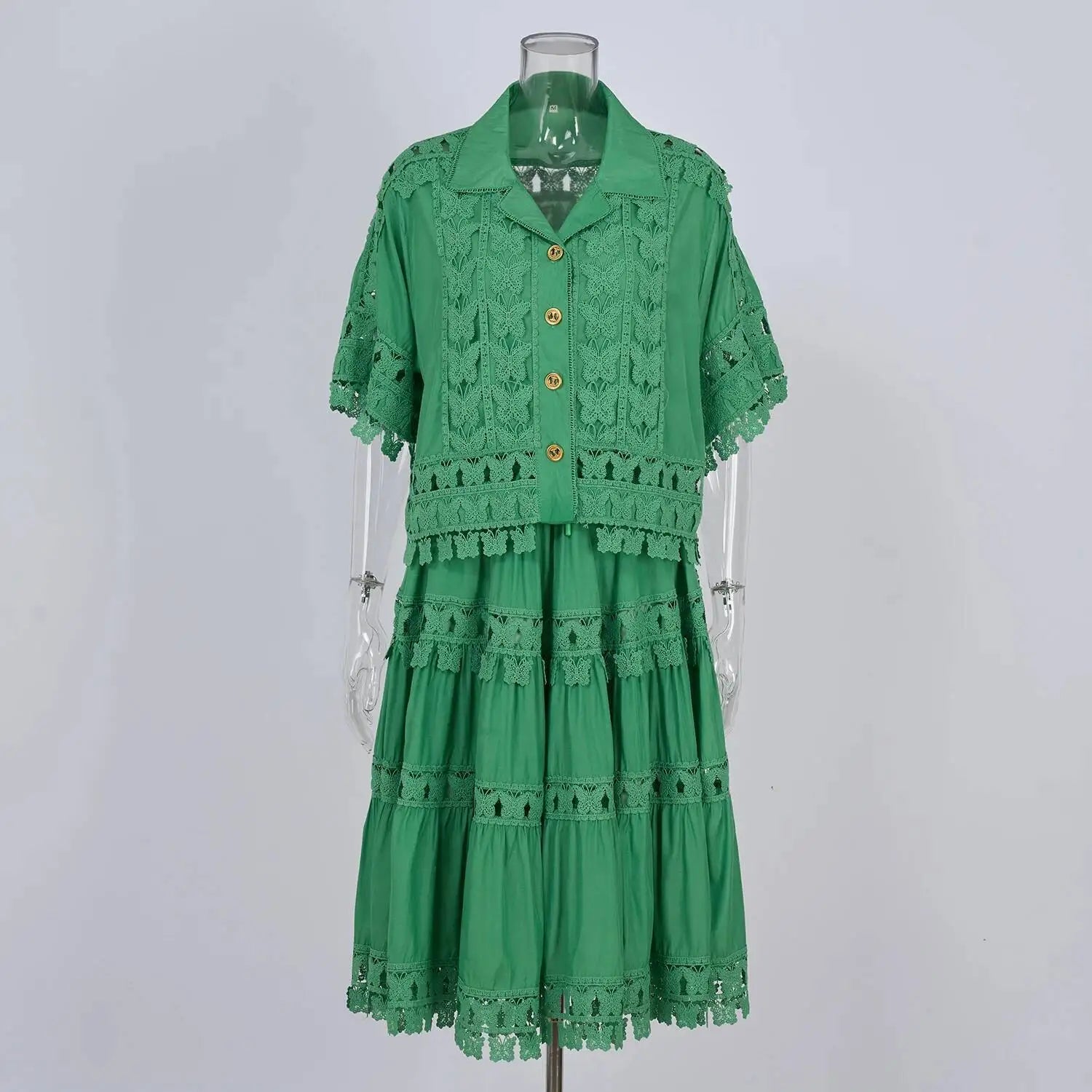 Luxury Hollow Out Dress Two Piece Set Women's 2025 Summer Holiday Embroidered Lace Jackets White Tops Pleated Short Skirts Suits