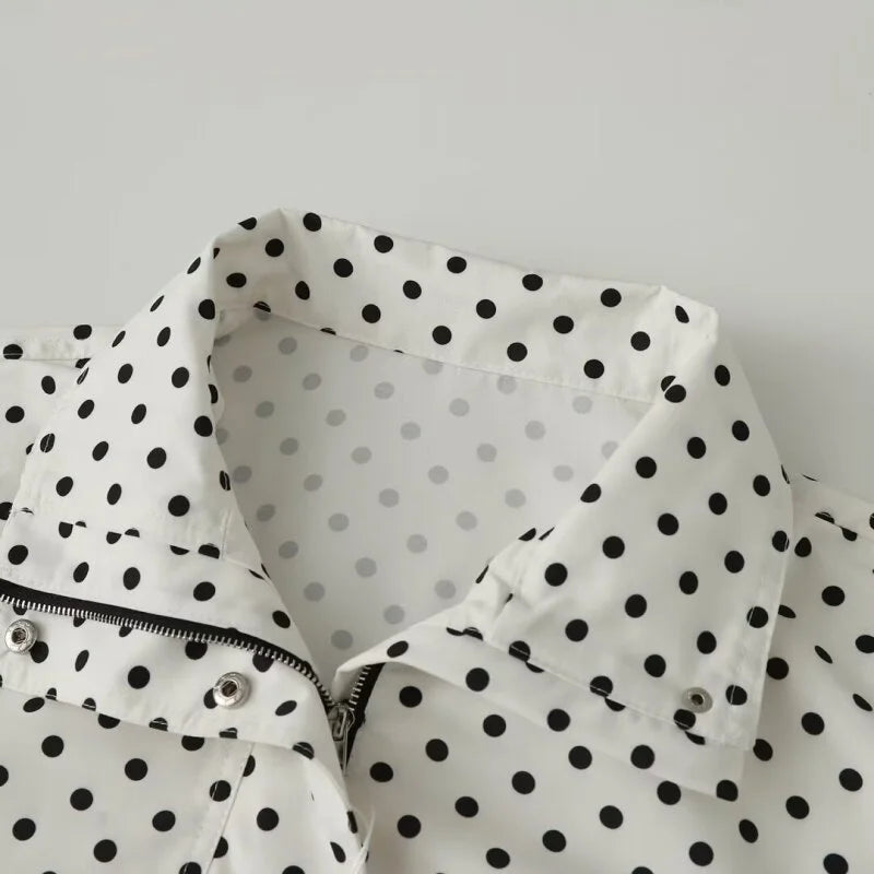 Women's Spring Summer Casual Polka Dot Two-Piece Set, Stand Collar Zip-Up Top with Matching Shorts, All-match for Daily Outings