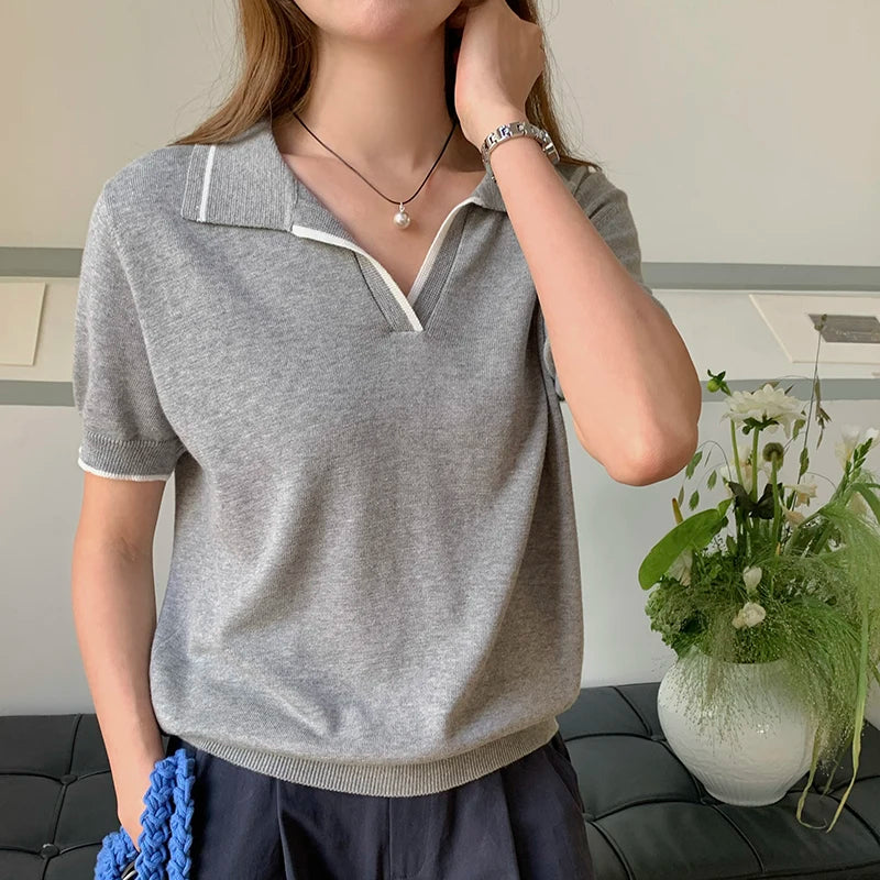 Summer 100% cotton women's T-shirt casual striped knit pullover short sleeved loose POLO collar Tees Pull luxury brand Tops