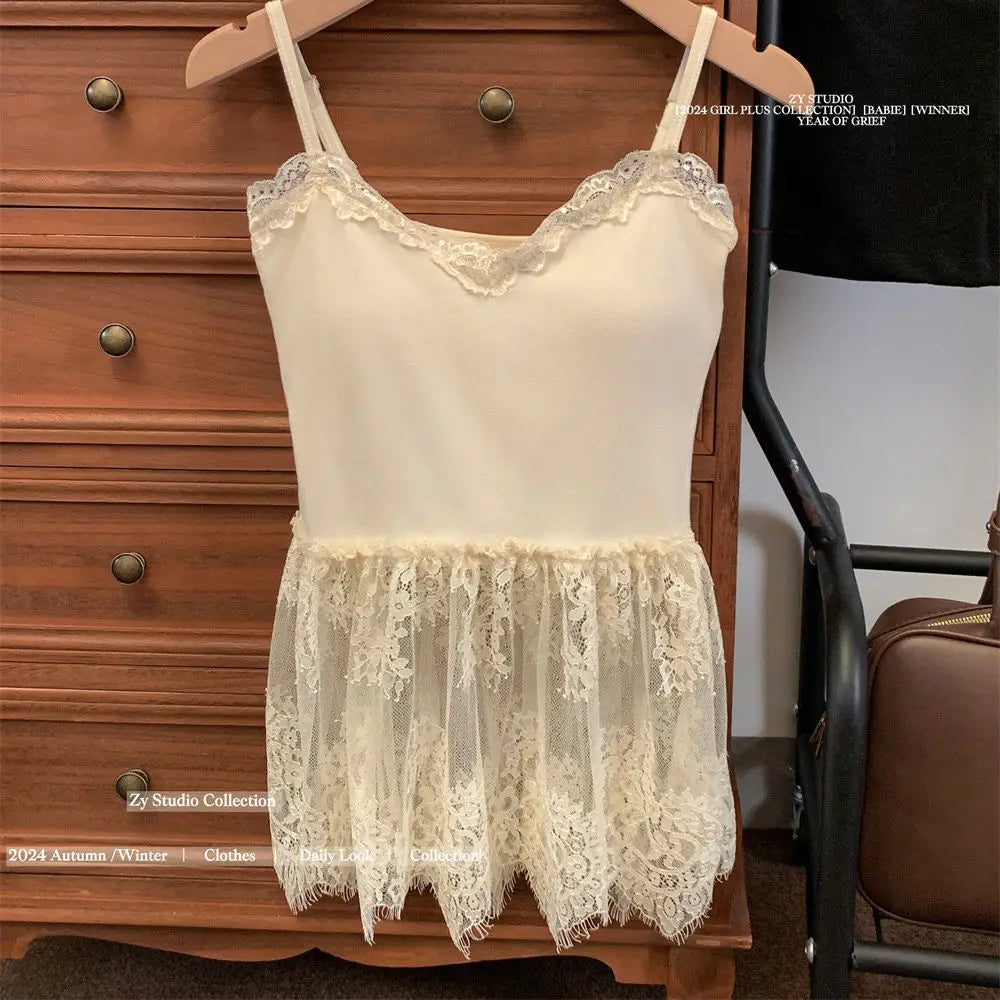 Korean Style Sexy Lace Sleeveless Crop Cami Top Women 2026 Summer Mesh Layer Tank Top Y2K Clothes Ruched Skinny Backless T-shirt