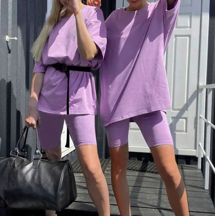 Women Half Sleeve T-shirt Top Shorts Belt Homewear Two Pieces Suit Leisure Set Bodycon Shorts Bottom Suit Two Piece Sets Outfit