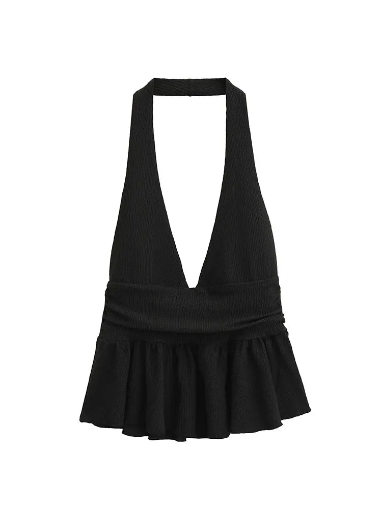 HH Women Vintage Solid Halter Vest Hem Ruffled Lady Sexy Backless Sleeveless V Neck Tops Summer Thin Casual Holiday Chic Top