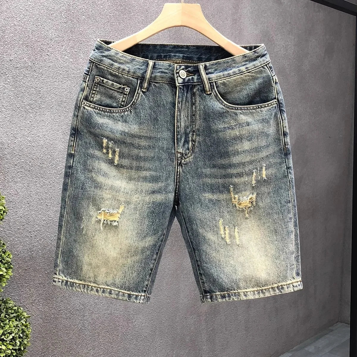 Summer American Casual Vintage Ripped Denim Shorts Men Loose High Street Five-Point Trendy Pants Comfortable Breathable