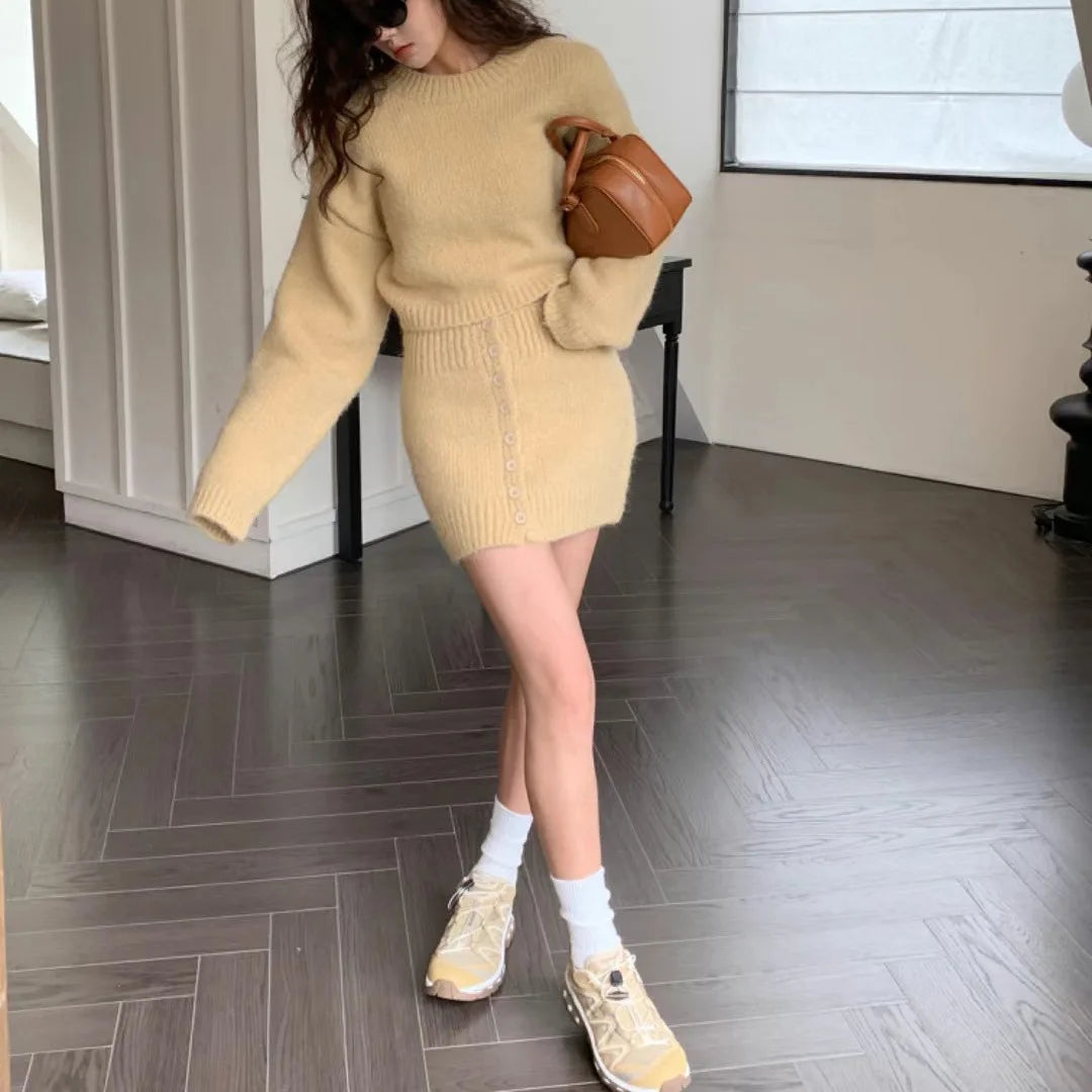 2025 New Autumn Winter Two Piece Sets Fashion Women Solid Warm Long Sleeve Sweaters Shorts Skirt Suit Casual Loose Streetwear