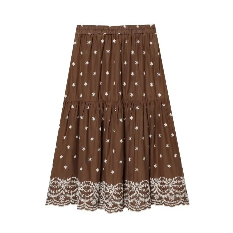 Women's Summer Set Hollow Embroidered Casual Skirt Outfit Sleeveless Top Floral Elastic Waist Two Piece Limited Stock