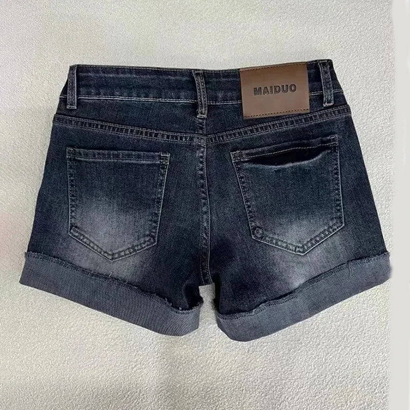 Retro Roll Up Hem Deep Blue Denim Shorts Women Summer Sexy Low Rise Hip Covering Hot Pants American Distressed Washed Jean Short