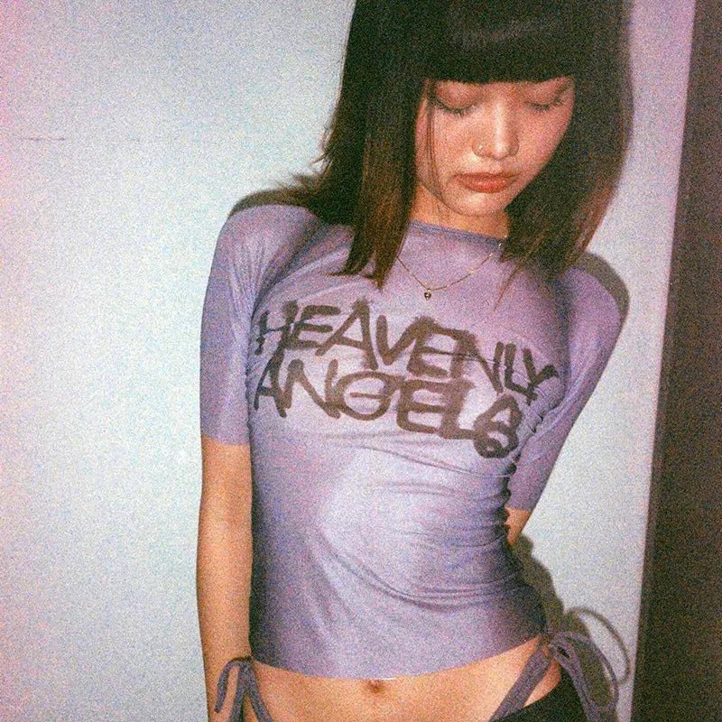 Y2K Letter Print Top See Through Graphic T Shirts For Women Clothing Short Sleeve Aesthetic Ropa De Mujer Skinny Sexy Streetwear