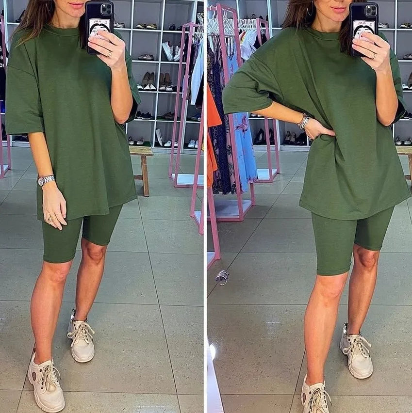 Women Half Sleeve T-shirt Top Shorts Belt Homewear Two Pieces Suit Leisure Set Bodycon Shorts Bottom Suit Two Piece Sets Outfit