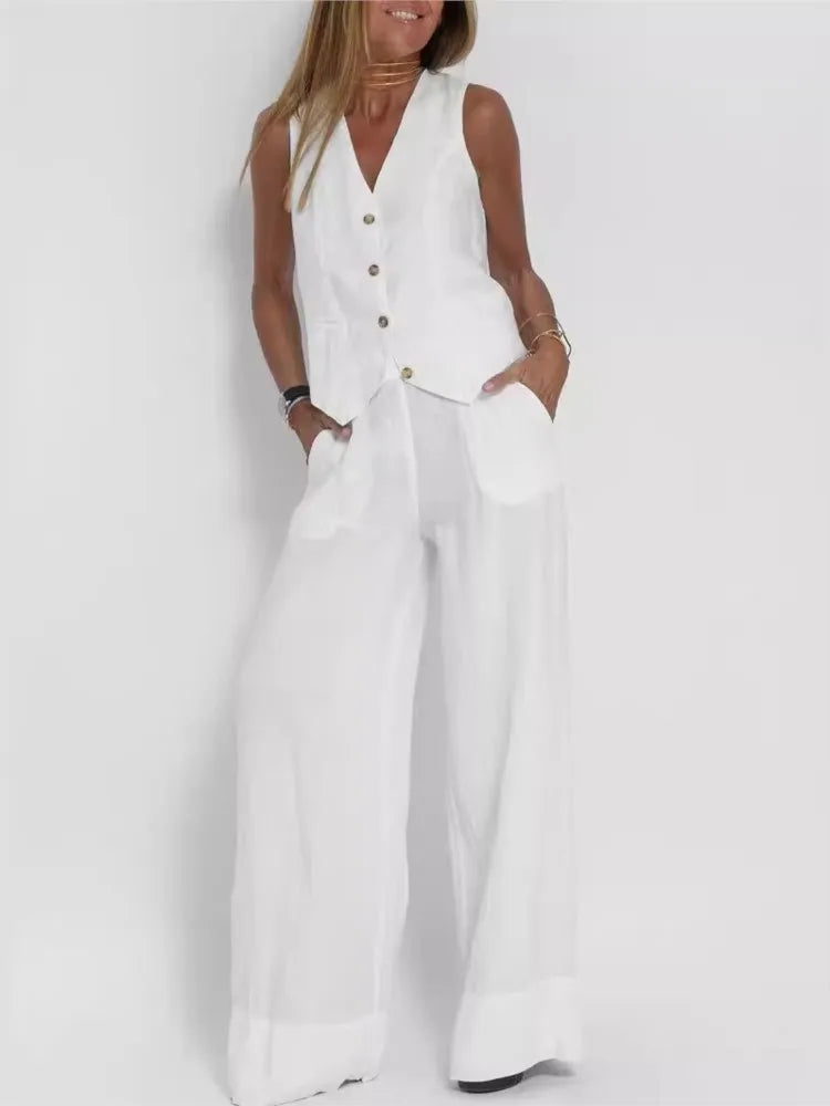 Women Fashion Solid V-neck Sleeveless Two Piece Sets New Spring Summer Button Vest Top & Wide Leg Pants Office Casual Outfits