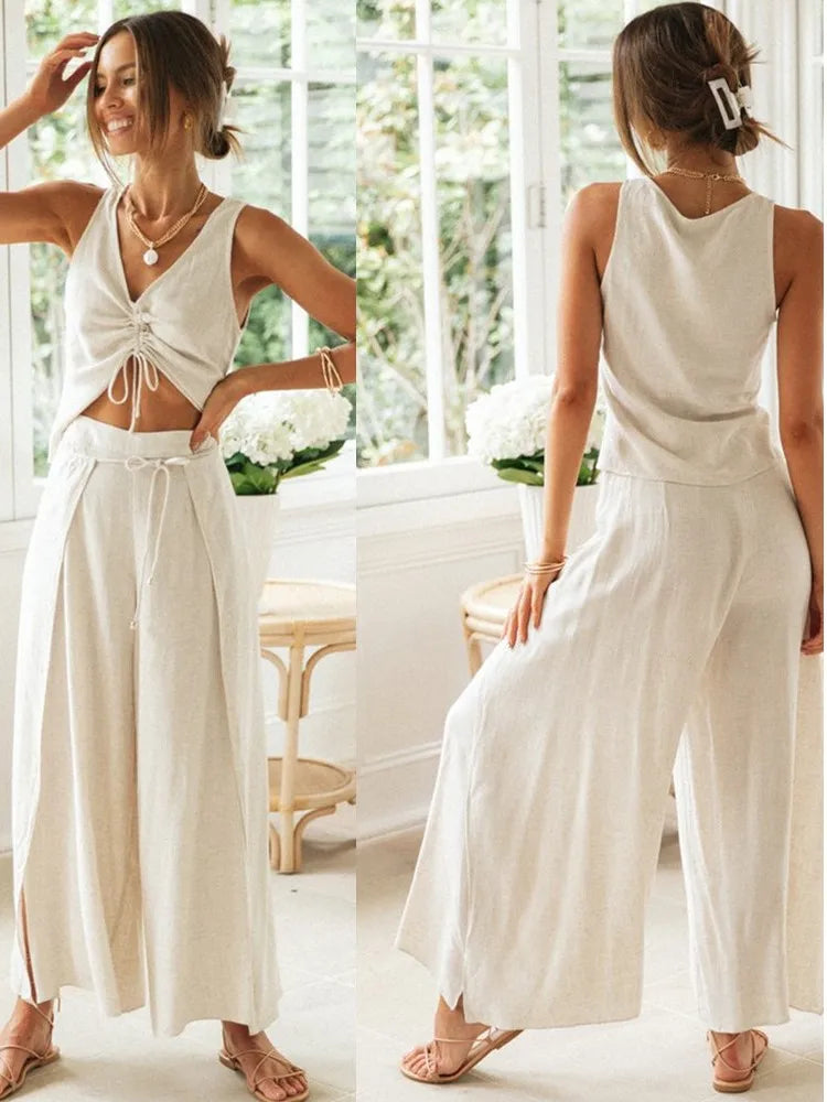 Summer Casual Shirt Sets New Women's Fashion Solid Color Drawstring Short-sleeved Tops Wide-leg Slit Trousers Two-piece Set Suit