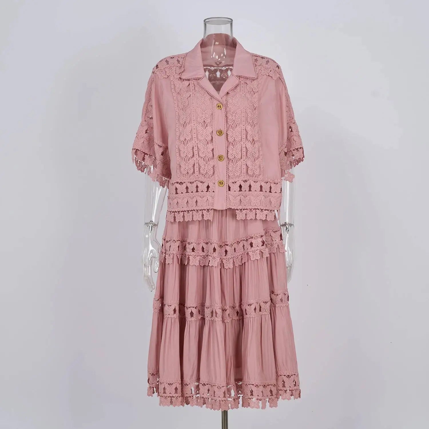 Luxury Hollow Out Dress Two Piece Set Women's 2025 Summer Holiday Embroidered Lace Jackets White Tops Pleated Short Skirts Suits