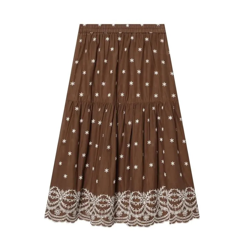 Women's Summer Set Hollow Embroidered Casual Skirt Outfit Sleeveless Top Floral Elastic Waist Two Piece Limited Stock