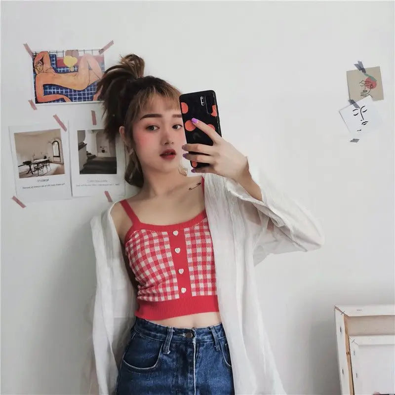 Plaid Button Tank Tops Spaghetti Strap Women Summer Fashion 2026 Y2K Cute Korean Knitted Tight Sleeveless Vest Crop Top Female